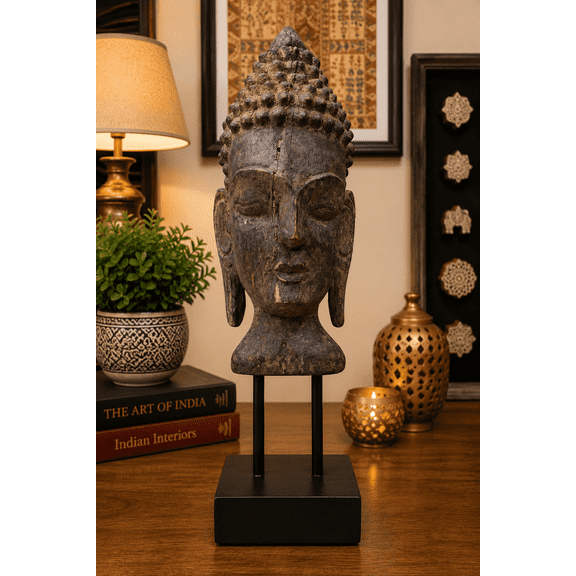 Handmade Wooden Buddha Head Sculpture on Stand Rustic Tribal Folk Art Tabletop Home Decor