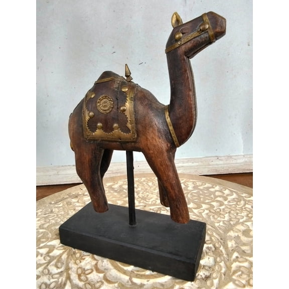 Handmade Wooden Camel Figurine with Brass Accents Rustic Camel Sculpture Tabletop Home Decor Statue