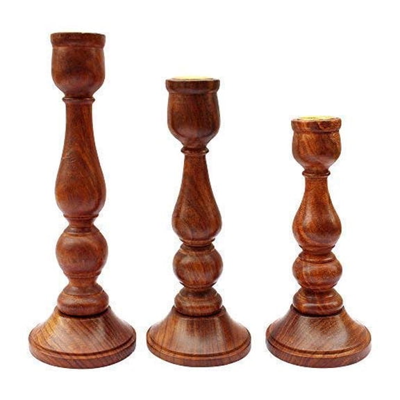 Handmade Wooden Candle Stand, Decorative Wood Finished Wax Candle Holder - Brown | For Home, Office & Living Room | Handcrafted Tealight Holder Gift Item For Diwali & Festivals - Set Of 3
