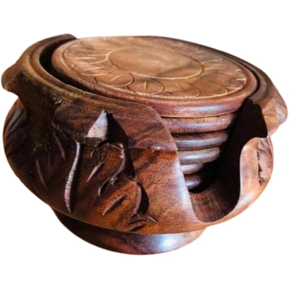 Handmade Wooden Carved Tabletop Coasters with Decorative Holder Set of 6 Gift for Home Tea Coffee Cups, Brown