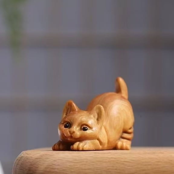 Handmade Wooden Cat Statue - Desktop Decoration, Delightful Gift