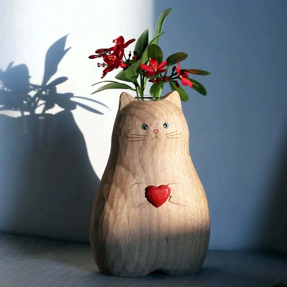 Handmade Wooden Cat Vase, Funny Wood Cat Statue Vase, Modern Minimalist Heart Vase, Cat Shaped Vase Wood Cat Statue Holding Heart Shaped Figurines for Cat Lovers, Home Decor