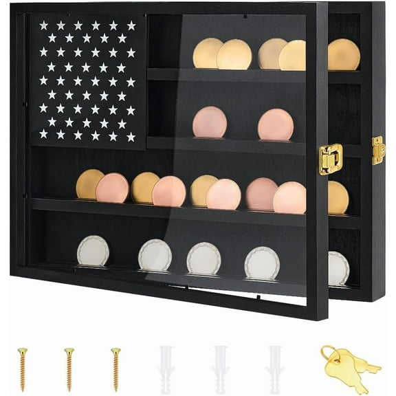 Handmade Wooden Challenge Coin Display Holder 16.9"x12"Collections Coins Wall Stand with Credit Card Holder Wallet Features for DIY