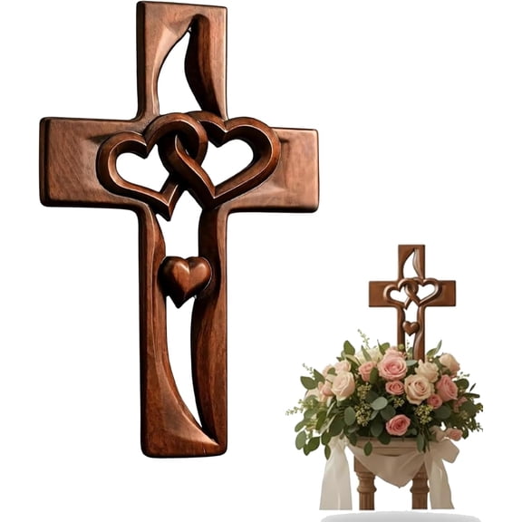 Handmade Wooden Cross Wall Decor - European Beech Wood with Intertwined Hearts, Faith & Love Symbol(1Pcs, B)
