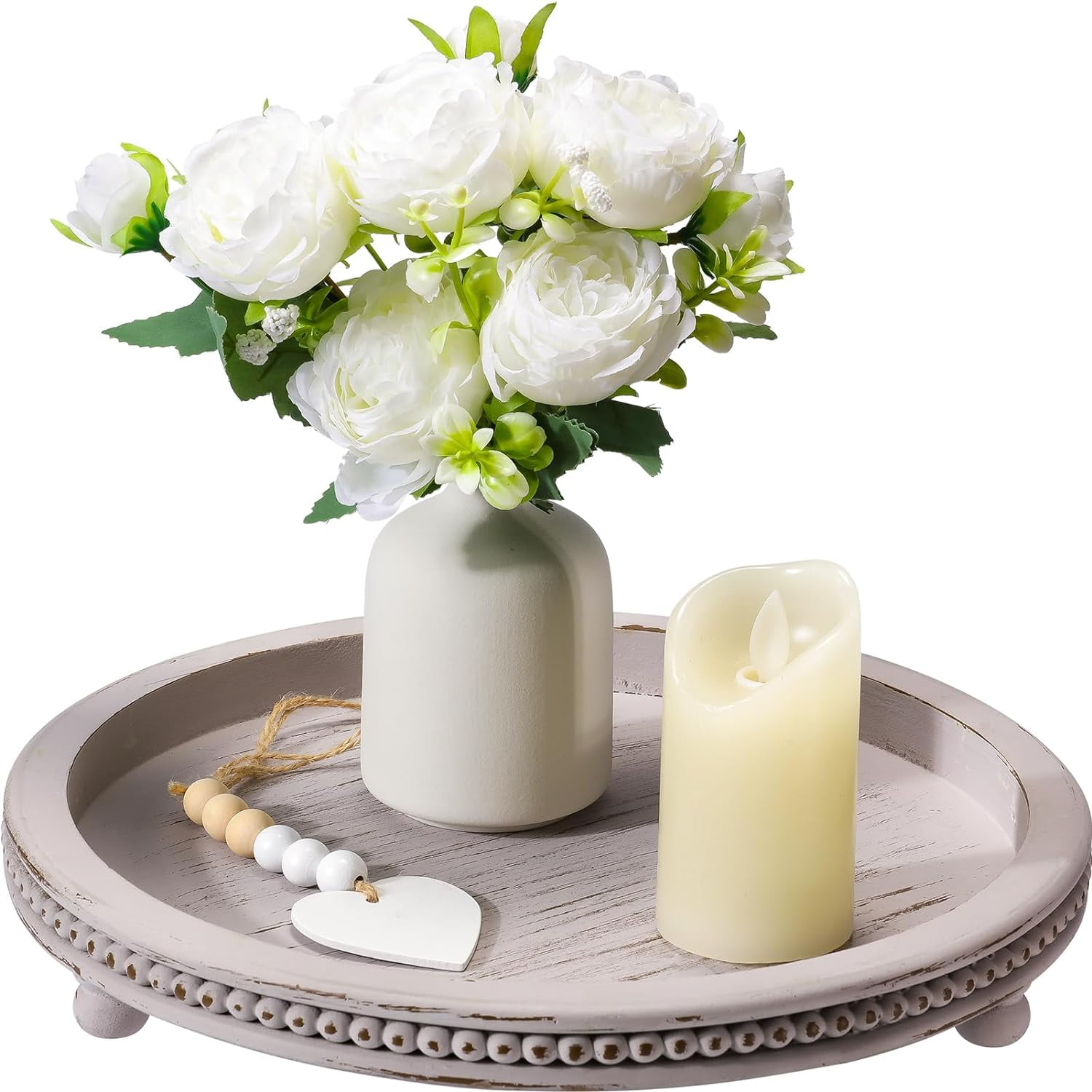Gray Round Beaded Wooden Coffee Table Tray