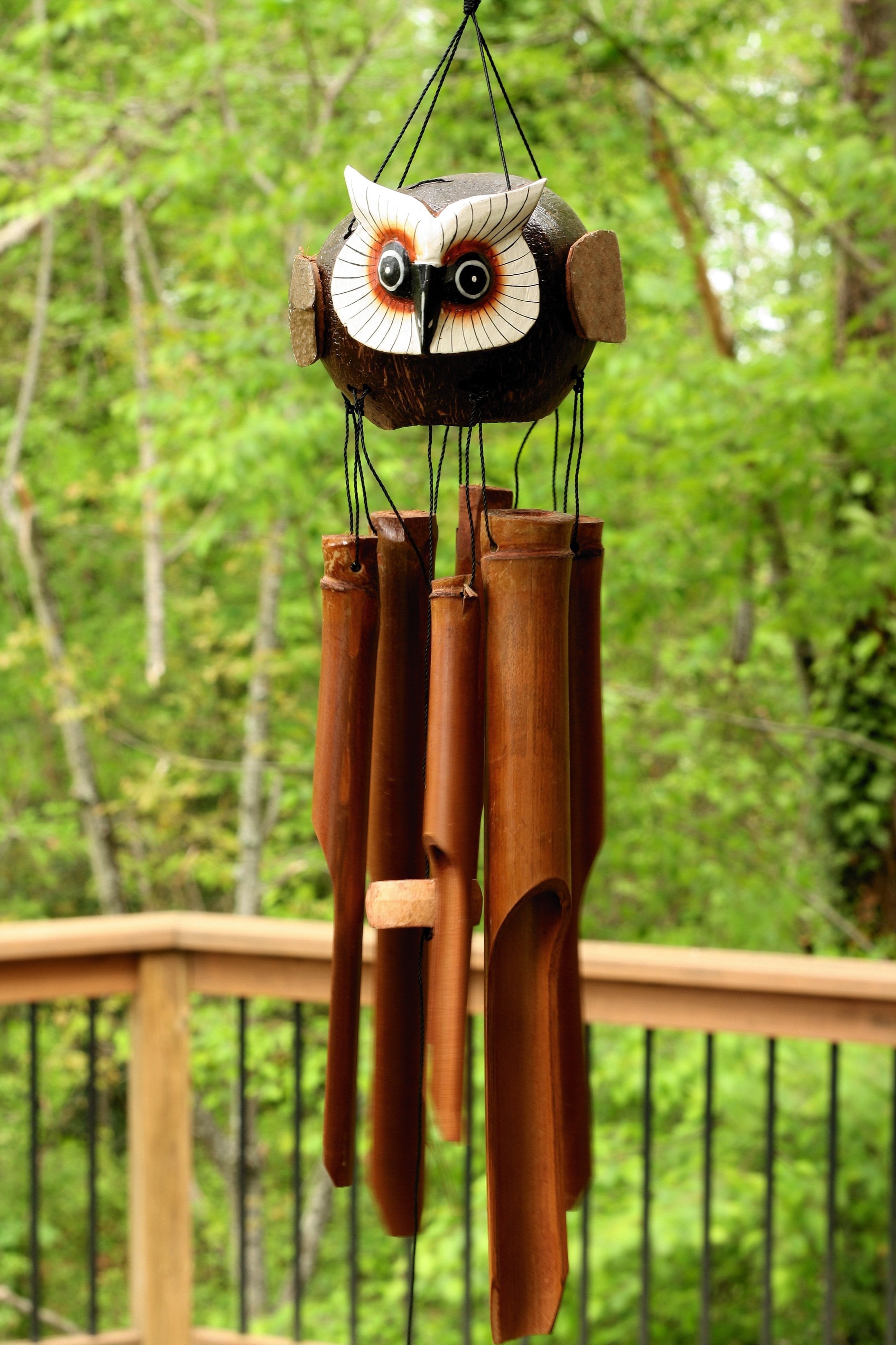 Handmade Wooden Flying Owl Bamboo Wind Chime Wood Statue Figurine Hoot Sculpture Decorative Rustic Patio Garden Outdoor Decor Handcrafted Decoration