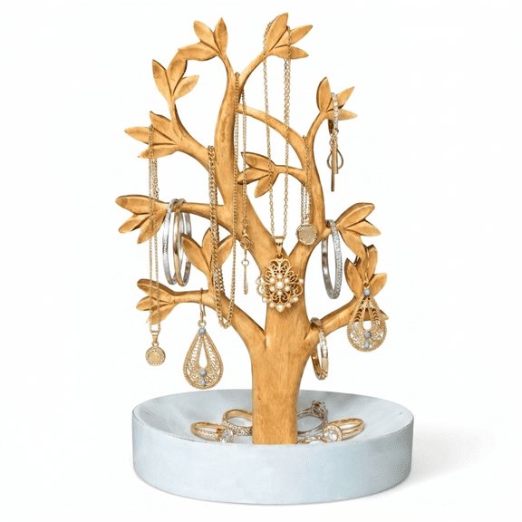 Handmade Wooden Jewelry Tree Stand – Multi-Functional Necklace Holder with Ring Dish Tray – Great for Organization, Home Decor, Dining Centerpiece, or Mother’s Day Gift