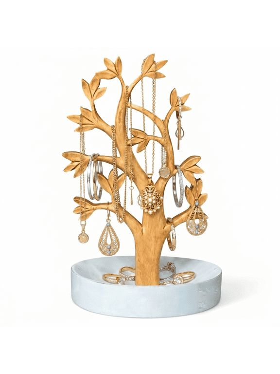 Handmade Wooden Jewelry Tree Stand – Multi-Functional Necklace Holder with Ring Dish Tray – Great for Organization, Home Decor, Dining Centerpiece, or Mother’s Day Gift