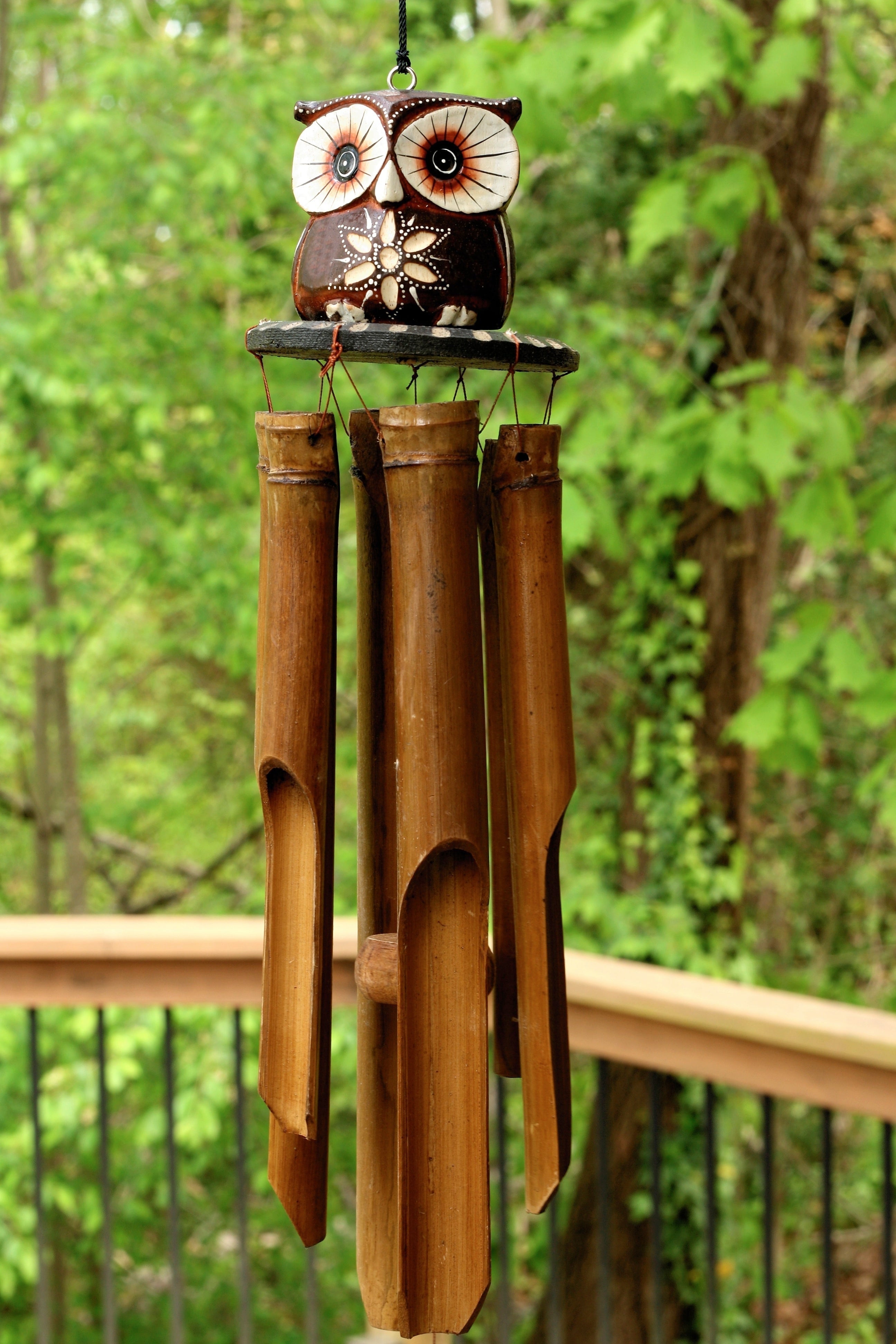 Hand-Carved Mini Owl Bamboo Wind Chime with Wooden Figurine