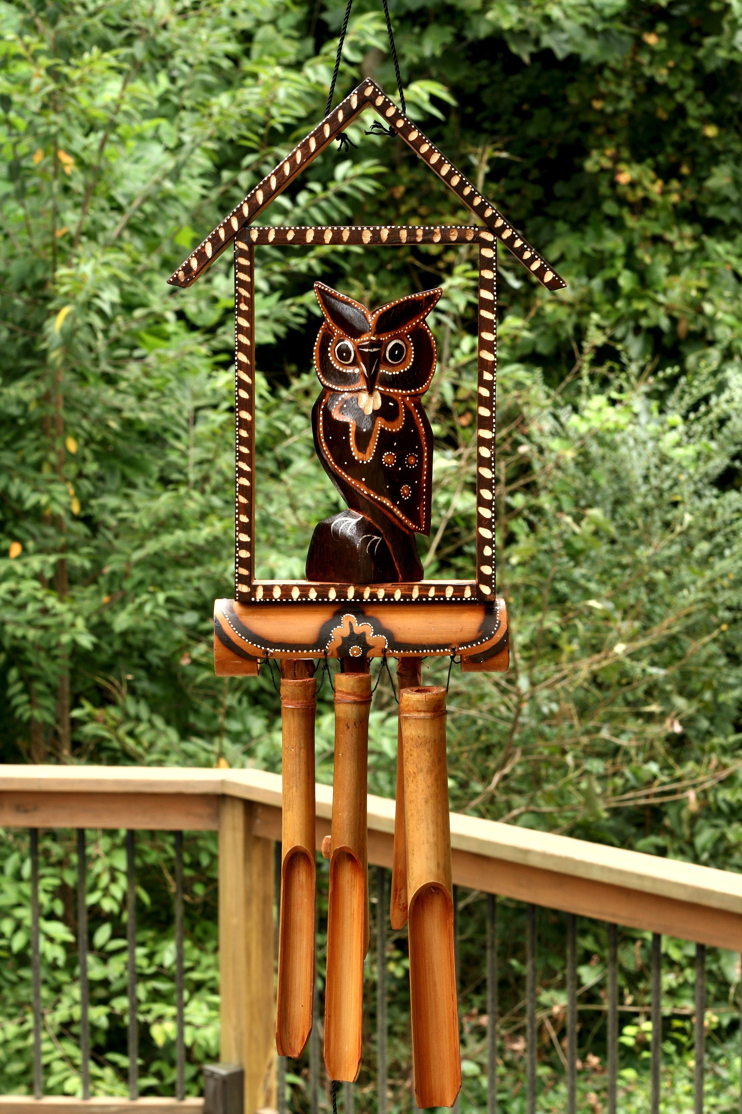 Handmade Wooden Owl House Bamboo Wind Chime Wood Statue Figurine Hoot ...