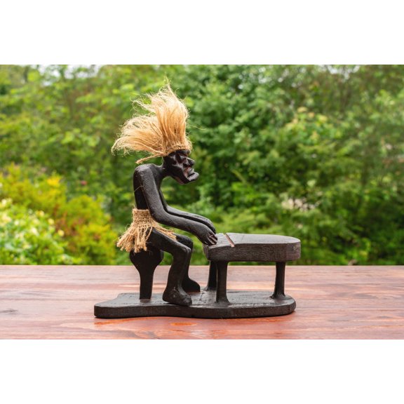 Handmade Wooden Primitive Tribal Funny Statue Playing Piano Sculpture Tiki Bar Handcrafted Unique Gift Art Decorative Home Decor Accent Figurine Decoration Artwork Hand Carved