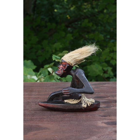 Handmade Wooden Primitive Tribal Kayaking Statue Canoe Funny Sculpture Tiki Bar Handcrafted Unique Gift Decor Accent Figurine Hand Carved - C
