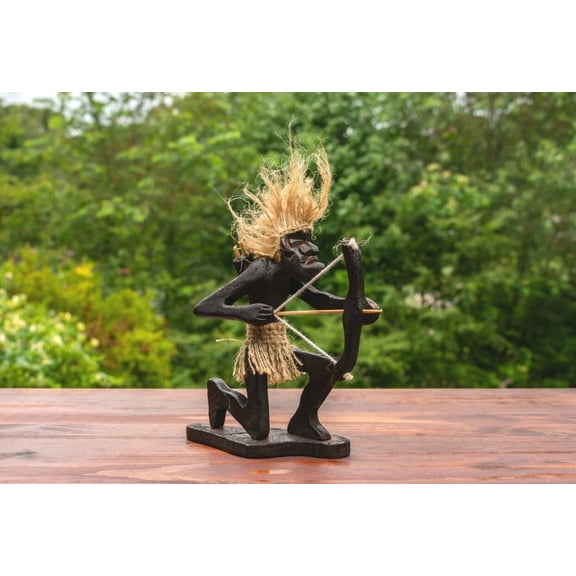 Handmade Wooden Primitive Tribal Kneeling Archer Funny Statue Sculpture Tiki Bar Handcrafted Unique Gift Art Home Decor Figurine Archery Hand Carved