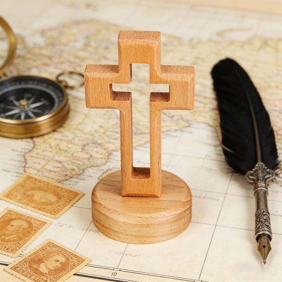 Handmade Wooden Resurrection Cross, Easter Christian Decoration, Easter Resurrection Ornament - Standing Handcrafted Natural Wood Cross With Smooth Finish, Carved Details,