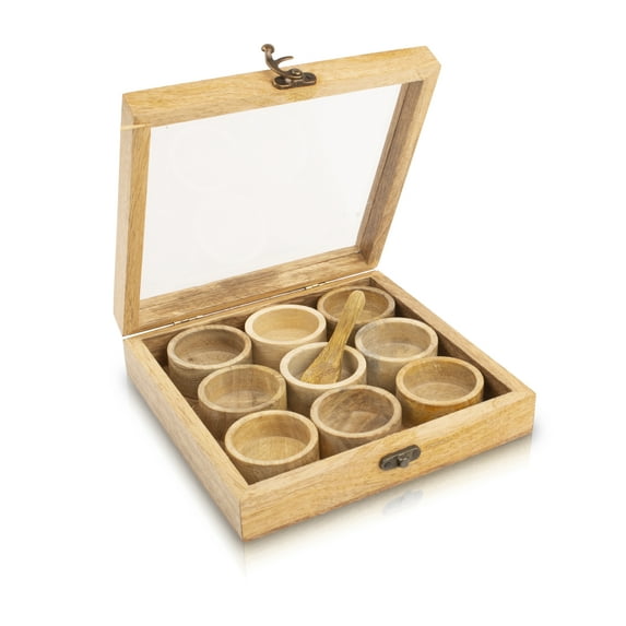 Handmade Wooden Seasoning Herb Spice Masala Box Container Holder Rack Stand Caddy With Spoon & Clear Lid Decorative Storage Chest Organizer For Kitchen Pantry Cabinet Drawer Storage 8 x 8 Inches