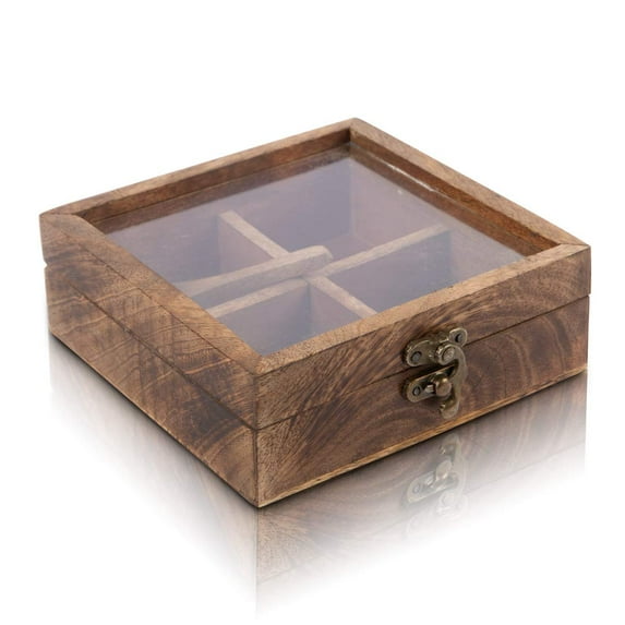 Handmade Wooden Seasoning Herb Spice Masala Box Container Holder Rack Stand Caddy With Spoon & Clear Lid 6 x 6 Inch Decorative Storage Chest Organizer For Kitchen Pantry Cabinet Drawer Storage