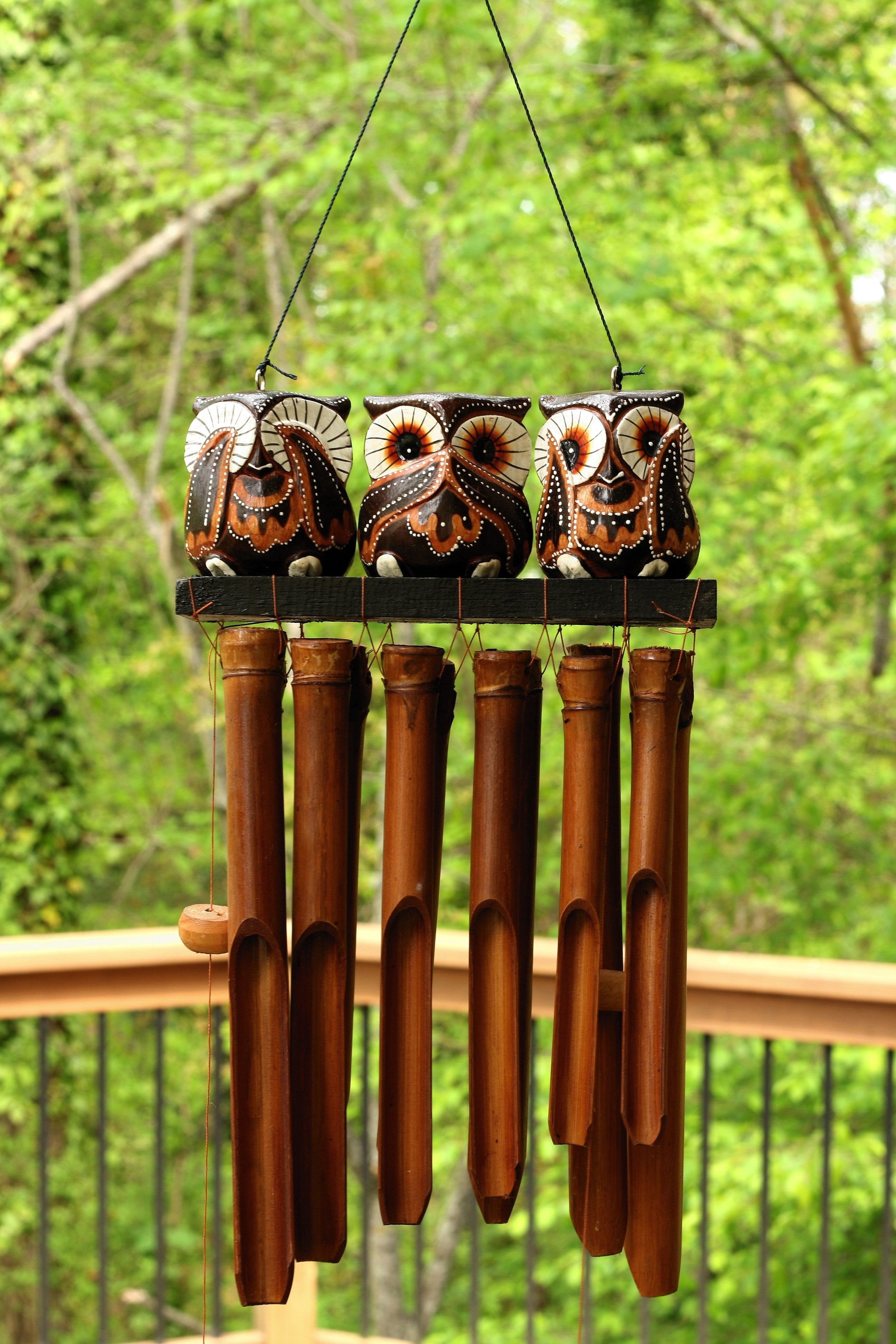 Handcrafted Brown and White Bamboo Owl Wind Chime