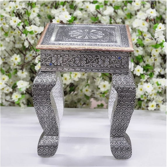 Handmade Wooden Sitting Stool Indian Traditional Bajot Living Room Stool Oxidized Sitting Stool Pooja Stand Decorative Chowki Pooja Bajot God Sitting Stool Decorated Corner Table - AtoZ India Cart
