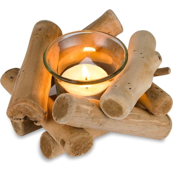 Handmade Wooden Tea Light Candle Holder with Glass Cup Rustic Country Coastal Style for Farmhouse Home Decoration Home Altar Decoration Holiday Wedding Decoration