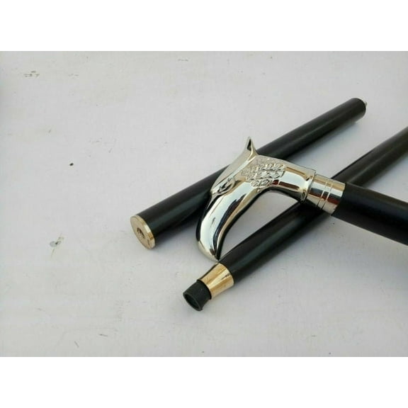 Handmade Wooden Walking Cane Stick | Beautiful Brass Eagle Brass Silver Head With Black Shaft