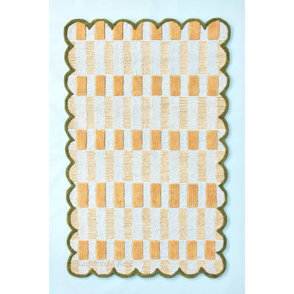 Handmade Wool Area Rug with Scalloped Edges, Modern Geometric Checkered Pattern, Soft Thick Carpet for Living Room Bedroom Kids Room, 5x8 ft, Gold