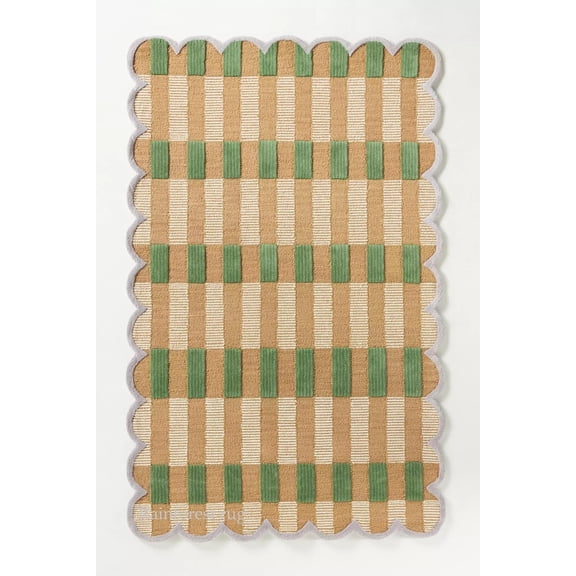 Handmade Wool Area Rug with Scalloped Edges, Modern Geometric Checkered Pattern, Soft Thick Carpet for Living Room Bedroom Kids Room, 5x8 ft, Green