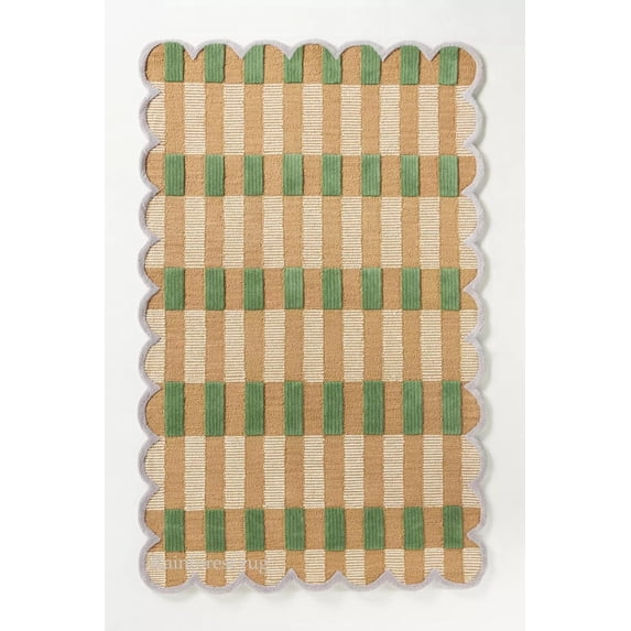 Handmade Wool Area Rug with Scalloped Edges, Modern Geometric Checkered Pattern, Soft Thick Carpet for Living Room Bedroom Kids Room, 7x10 ft, Green