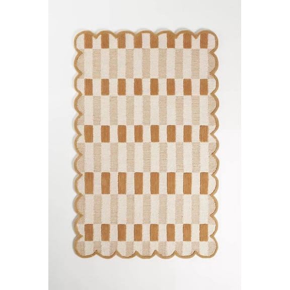 Handmade Wool Area Rug with Scalloped Edges, Modern Geometric Checkered Pattern, Soft Thick Carpet for Living Room Bedroom Kids Room, 8x11 ft, Brown