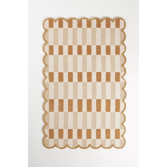 Handmade Wool Area Rug with Scalloped Edges, Modern Geometric Checkered Pattern, Soft Thick Carpet for Living Room Bedroom Kids Room, 9x12 ft, Brown