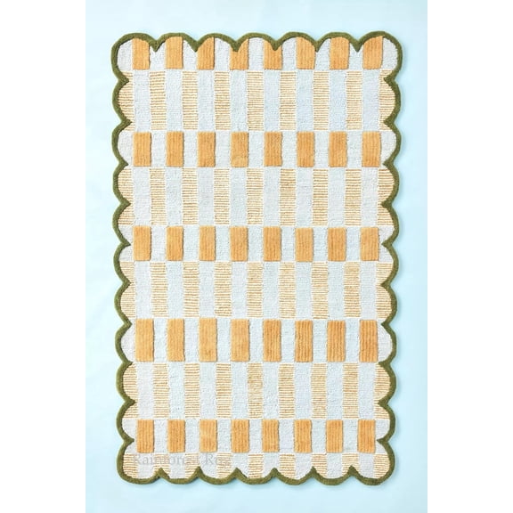 Handmade Wool Area Rug with Scalloped Edges, Modern Geometric Checkered Pattern, Soft Thick Carpet for Living Room Bedroom Kids Room, 9x12 ft, Gold