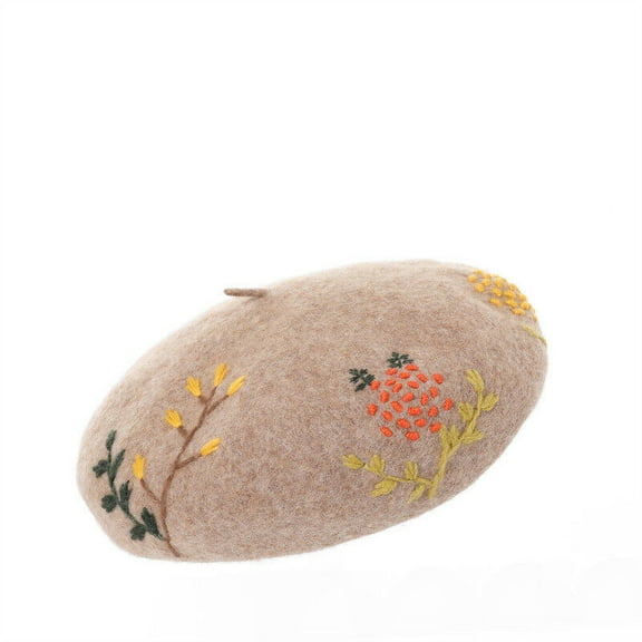 Handmade Wool Beret with Embroidered Floral Design Flower Hat for Women