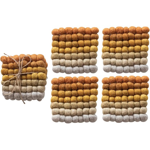 Handmade Wool Felt Ball Coasters, Yellow, Orange and Cream, Set of 4