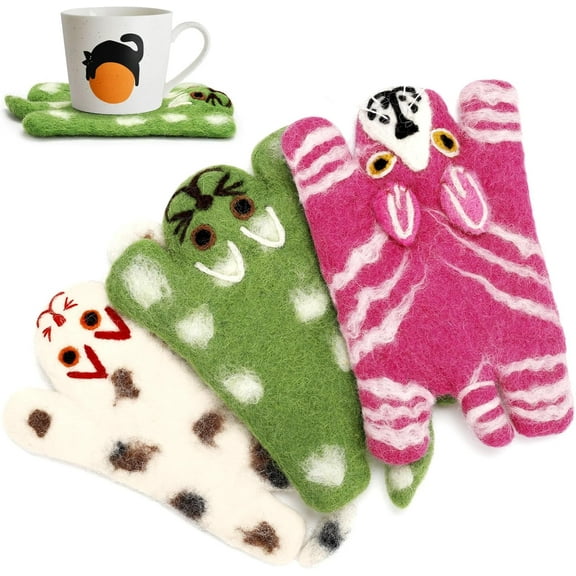 Handmade Wool Felt Cat Coasters Set - 3 Adorable Cats - Shaped Drink Coasters,Non-Slip Cup Mats for Cat Loves, Cute Kitty Design for Coffee Table, Desk, and Home Decor (Eco-Friendly & Absorbent)