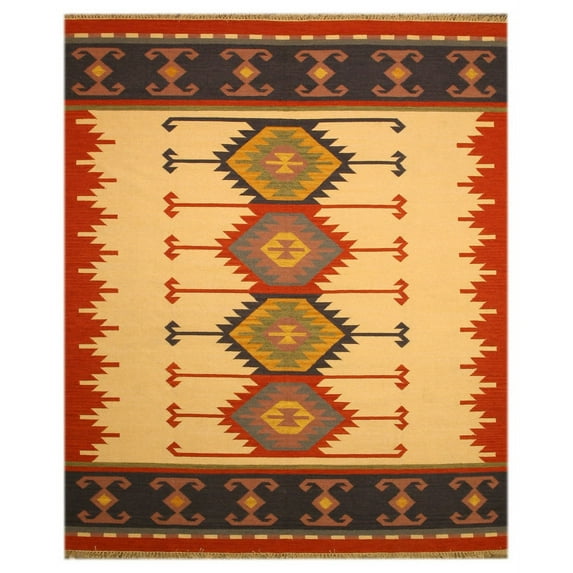 Handmade Wool Ivory Transitional Geometric Keysari Kilim Rug