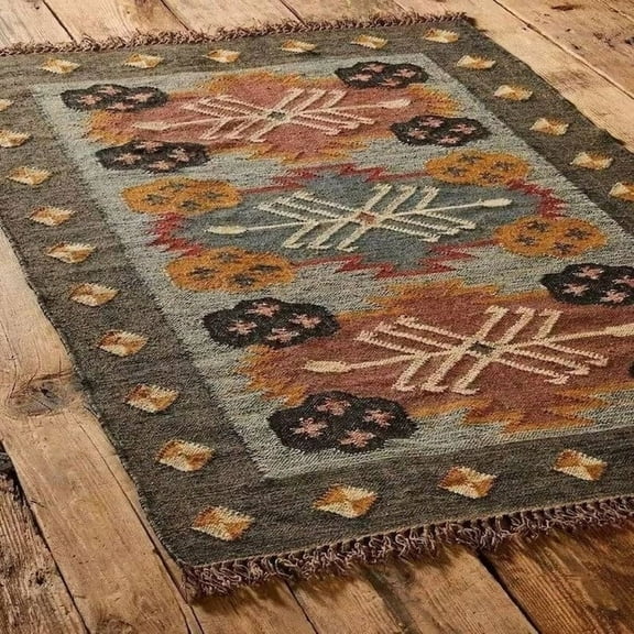 Handmade Wool Jute Kilim Rug, Handwoven Area Rug, Boho Décor Rug, Kilim Jute Rug, Flatweave Rug, Bohemian Rug, Indian Dhurrie Rug