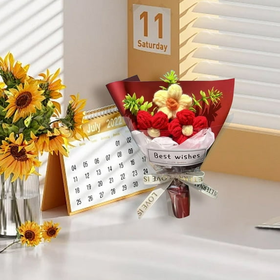 Handmade Wool Knitted Imitation Mini Bouquet Red, Knitted Wool Flower Bouquet: a with Fresh Floral Charm (Plush Flower*1)