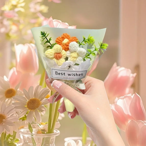 Handmade Wool Knitted Imitation Mini Bouquet Yellow, Knitted Wool Flower Bouquet: a with Fresh Floral Charm (Plush Flower*1)