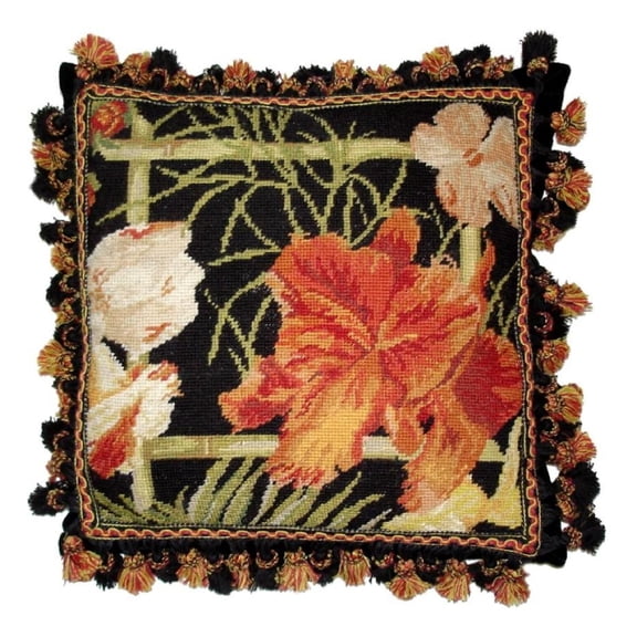 Handmade Wool Needlepoint Pillow Cover - Decorative Throw Cushion Cover - Vintage Floral Embroidery Design - Pillowcase for Sofa, Bed, or Chair - Rustic Home Decor