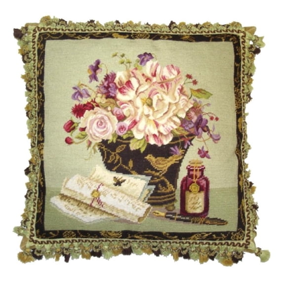 Handmade Wool Needlepoint Pillow Cover - Decorative Throw Cushion Cover - Vintage Floral Embroidery Design - Pillowcase for Sofa, Bed, or Chair - Rustic Home Decor