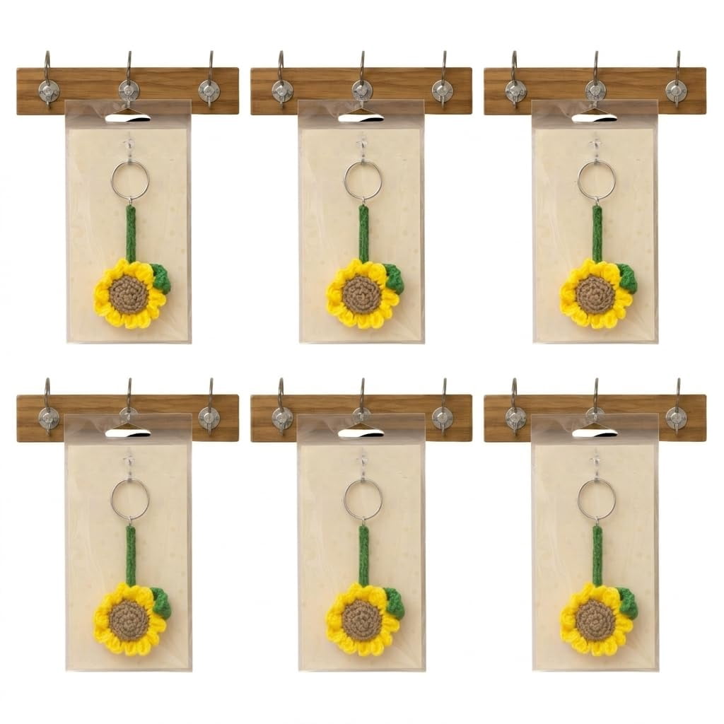 Handmade Wool Sunflower Keychain | Crochet Flower Bag Charm & Key Ring | Soft Knitted Floral Key Holder | Cute Decorative Accessory for Keys, Bags & Gifts (Pack of 6)
