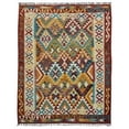 thumbnail image 1 of Handmade Woollen Flatweave Kilim Area Rug – Turquoise, Burgundy & Golden Yellow, 150x204 cm or 4'11"x6'8", Fringed, 1 of 3
