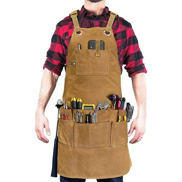 Handmade Work Apron with 11 Tool Pockets, Heavy Duty Waxed Canvas Workshop Tool Aprons Woodworking Apron for Men