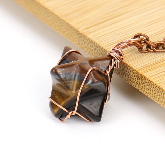 Handmade Woven Antique Bronze Necklace with Natural Crystal Merkaba Star Pendant