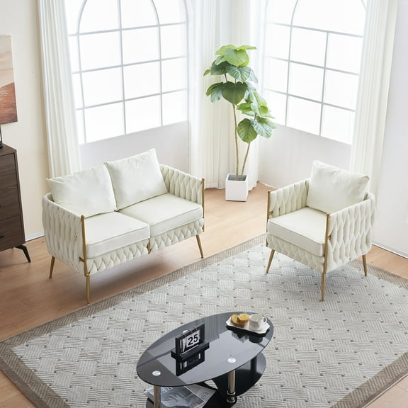 Handmade Woven Back Upholstered Sofa Set with Accent Chair and Loveseat, Modern Living Room Furniture, Cream White Velvet