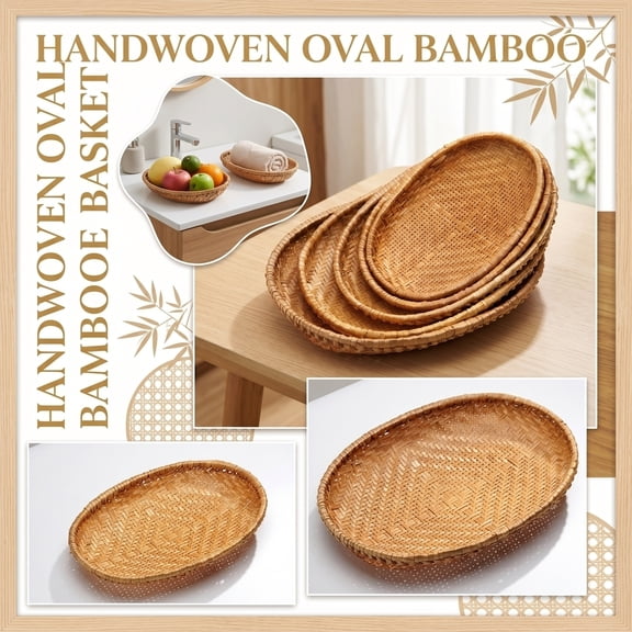 Handmade Woven Bamboo Tray, 12In Oval Shallow Basket for Serving Food, Bread, and Snacks, Natural Bamboo Organizer for Kitchen, Counter, and Dining Use