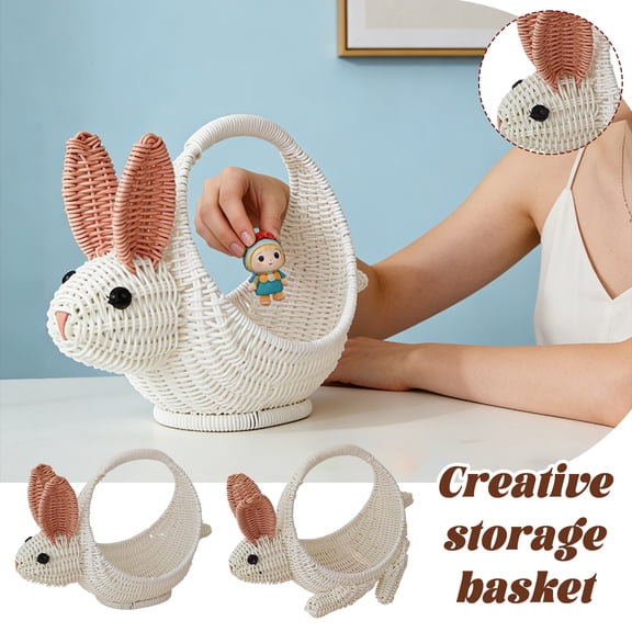 Handmade Woven Bunny Ear Basket with Handles Creative Fruit and Candy Storage Basket for Easter and Spring Home Decor A