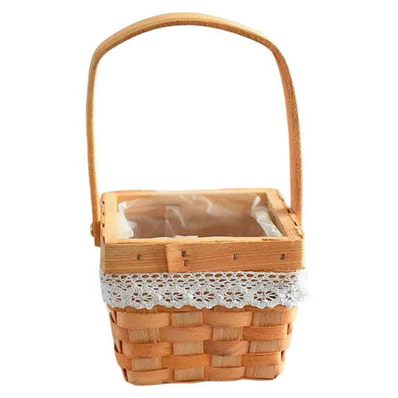 Handmade Woven Flower Basket with Lace Trim – Elegant Decorative Storage for Living Room & Wedding Decor | Natural Bamboo & Rattan Organizer | Boho Chic Home Decor with Handle, Square