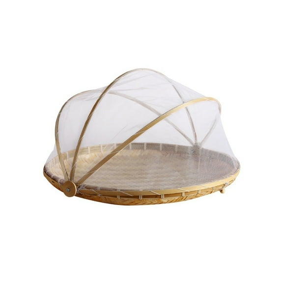 Handmade Woven Fruit Vegetable Basket with Net Round Dustproof Wicker Tray Bread Dishes with Gauze Cover Mesh Drying Storage Dustpan
