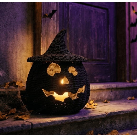 Handmade Woven Halloween Pumpkin Lantern with Witch Hat - Black Rattan Jack-o'-Lantern for LED Lights, Candy Basket & Gothic Home Decor (A, without light)