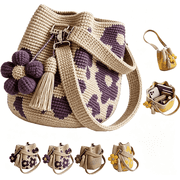 Handmade Woven Handbags with Flower Charm, Crochet Bucket Bag for Women, Casual Knit Shoulder Purse for Daily Use, Travel, Beach
